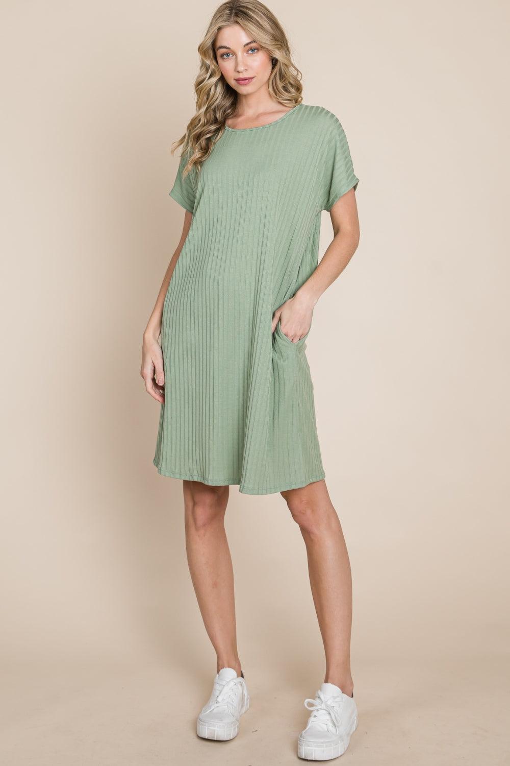 BOMBOM Ribbed Round Neck Short Sleeve Dress - AMIClubwear