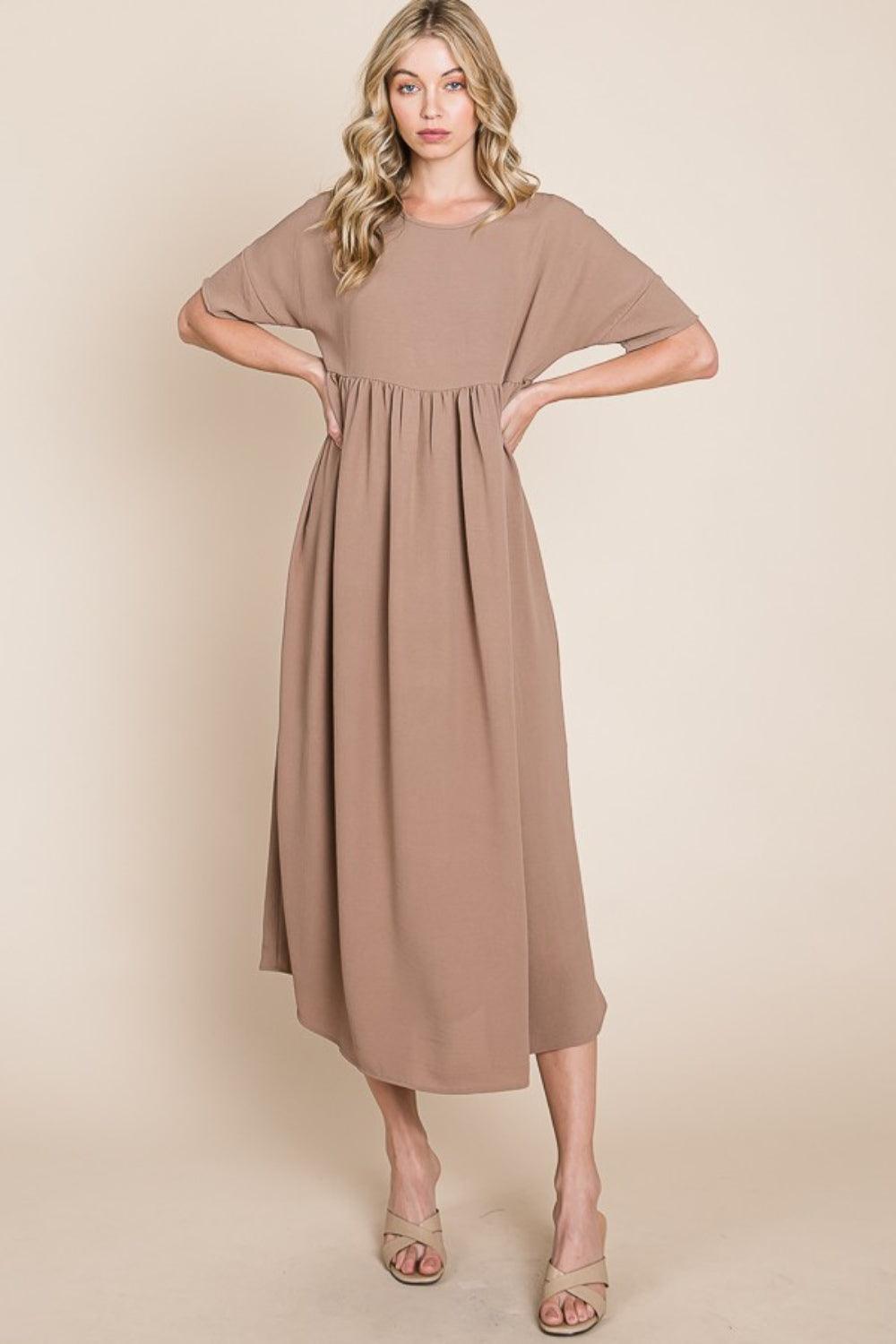 BOMBOM Round Neck Ruched Midi Dress - AMIClubwear