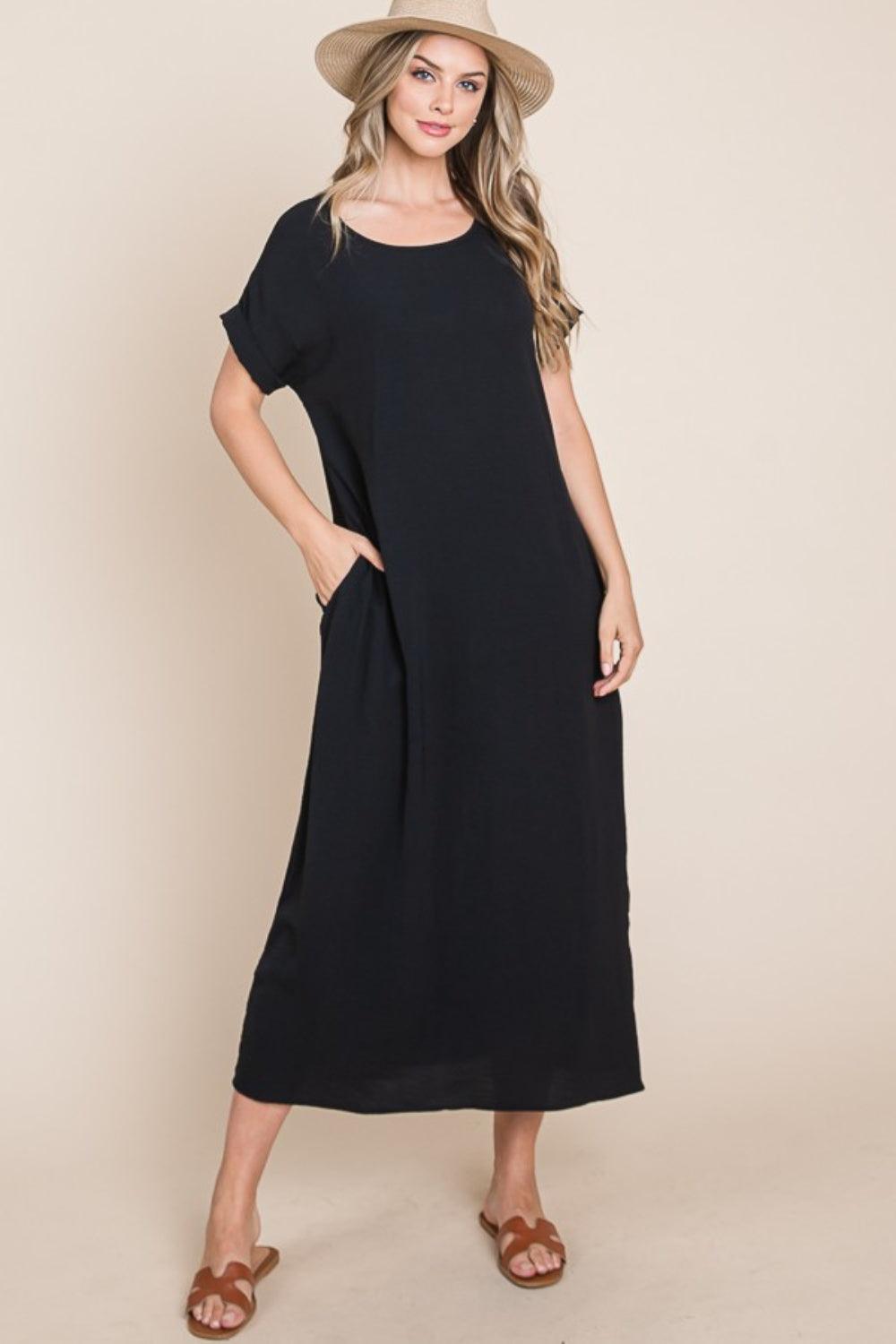 BOMBOM Round Neck Short Sleeve Midi Dress with Pockets - AMIClubwear