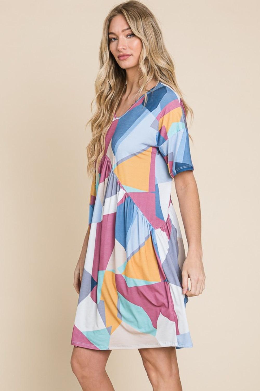 BOMBOM Ruched Color Block Short Sleeve Dress - AMIClubwear