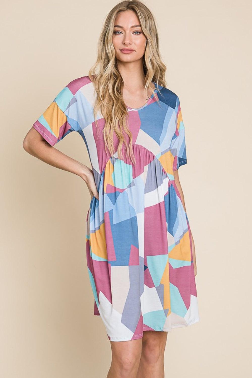 BOMBOM Ruched Color Block Short Sleeve Dress - AMIClubwear