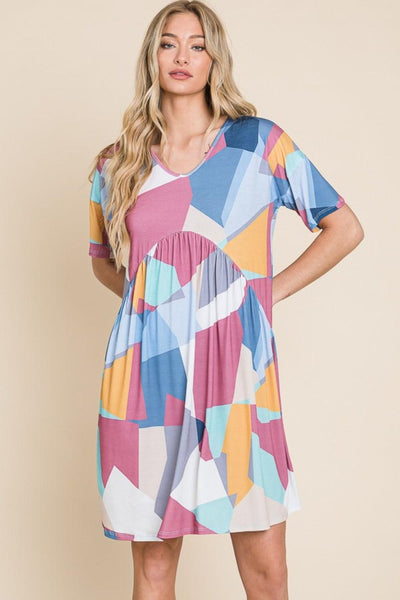 BOMBOM Ruched Color Block Short Sleeve Dress - AMIClubwear