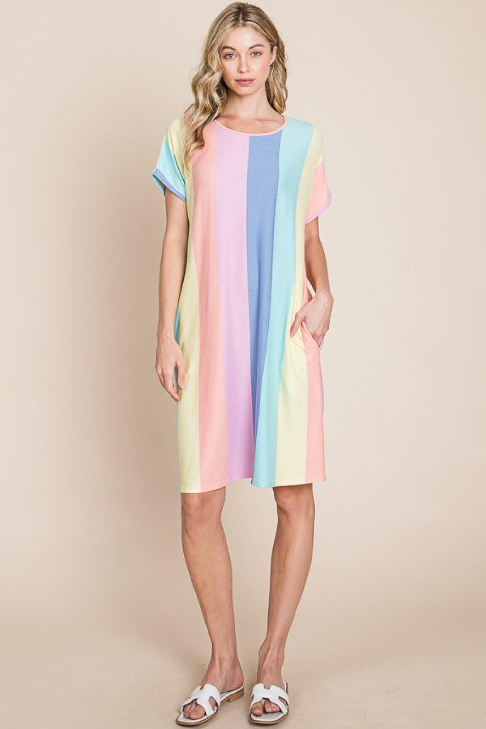 BOMBOM Striped Short Sleeve Dress with Pockets - AMIClubwear