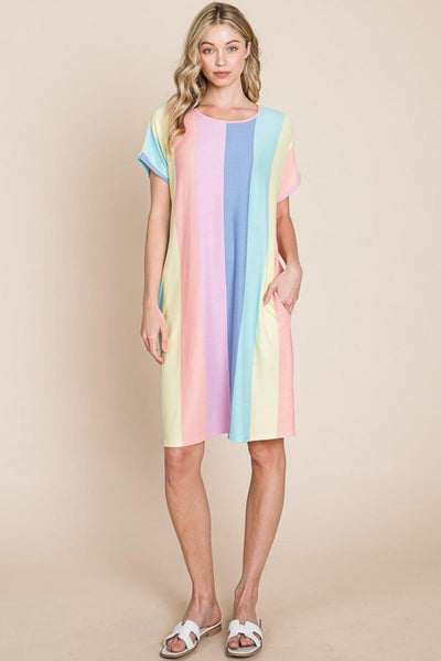 BOMBOM Striped Short Sleeve Dress with Pockets - AMIClubwear