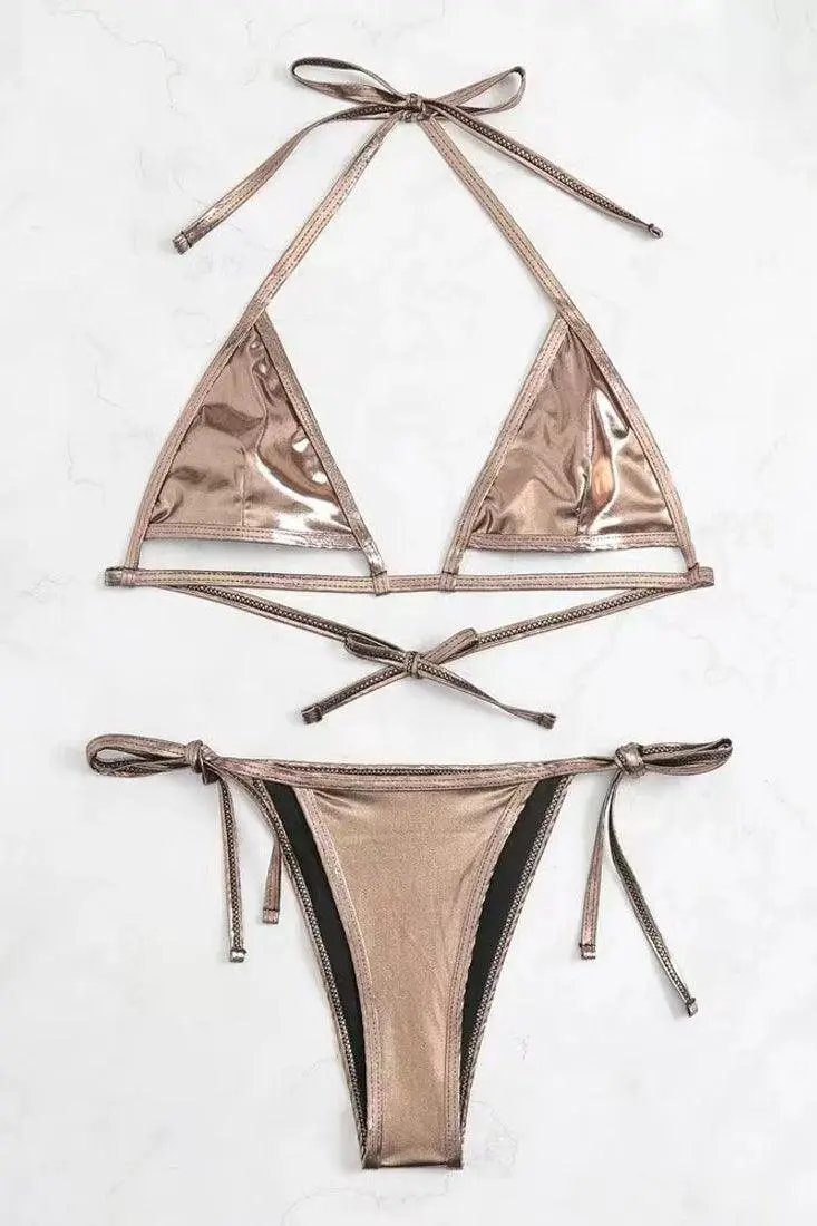 Bronze Metallic Cut-Out Strappy Sexy Cheeky Tie 2Pc Swimsuit Bikini