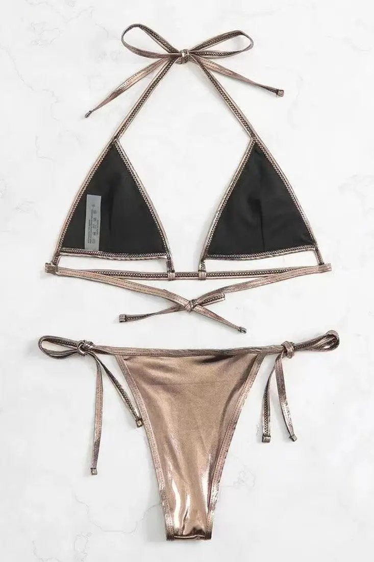 Bronze Metallic Cut-Out Strappy Sexy Cheeky Tie 2Pc Swimsuit Bikini