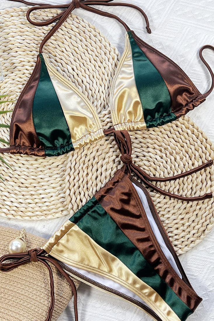 Brown Gold Green Two Piece Cheeky String Bikini Swimsuit - AMIClubwear