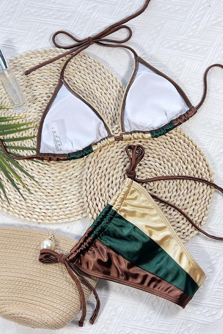 Brown Gold Green Two Piece Cheeky String Bikini Swimsuit - AMIClubwear