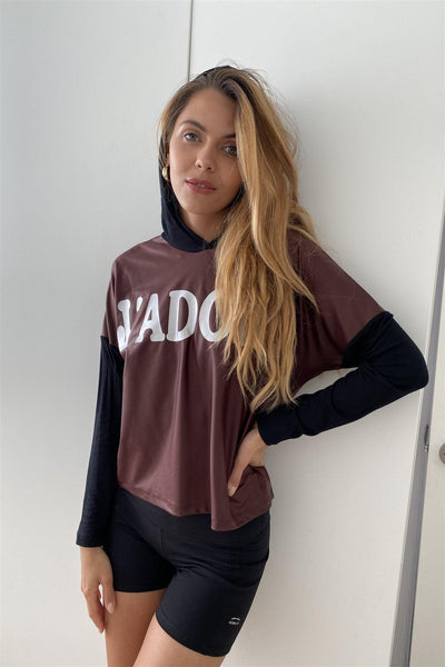 Burgundy And Black "j'adore" Silver Graphic Hoodie Top - AMIClubwear