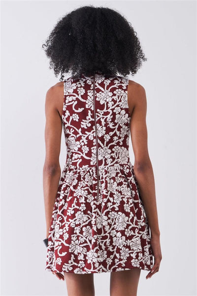 Burgundy & White Floral Crew Neck Sleeveless Fitted Mini Dress - AMIClubwear