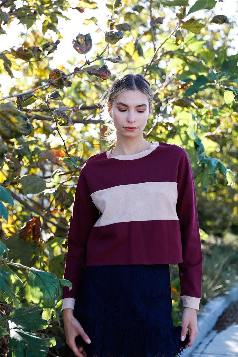 Burgundy Colorblock Long Sleeve Crop Top - AMIClubwear