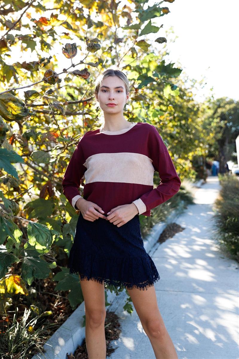 Burgundy Colorblock Long Sleeve Crop Top - AMIClubwear