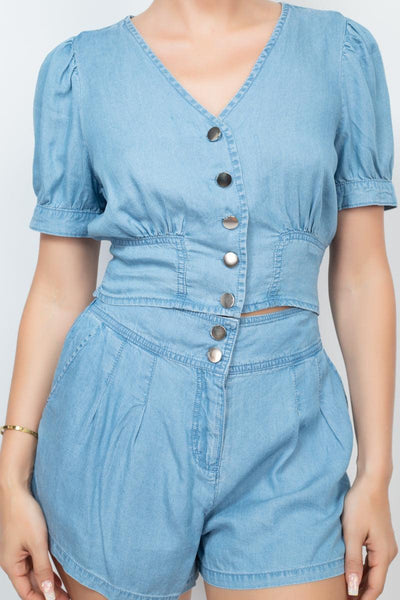 Button-front Denim Top And Shorts Set - AMIClubwear