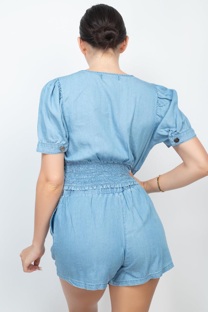 Button-front Denim Top And Shorts Set - AMIClubwear
