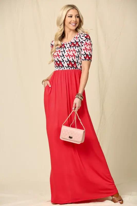 Celeste Full Size Houndstooth Round Neck Short Sleeve Maxi Dress Plus Size