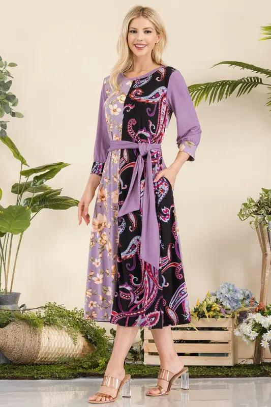 Celeste Full Size Paisley And Floral Contrast Tent Midi Dress Plus Size