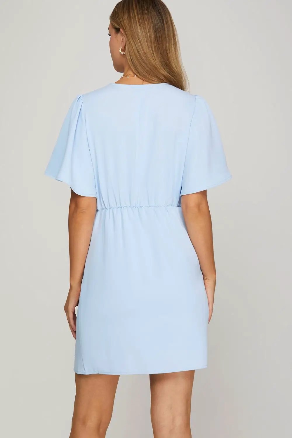 She + Sky Ruffled Surplice Short Flutter Sleeve Mini Dress
