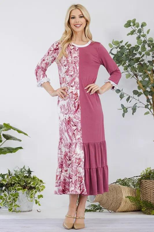 Celeste Full Size Contrast Tie Dye Ruffled Midi Dress Plus Size
