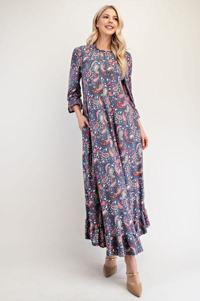 Celeste Full Size Ruffle Hem Paisley Round Neck Dress