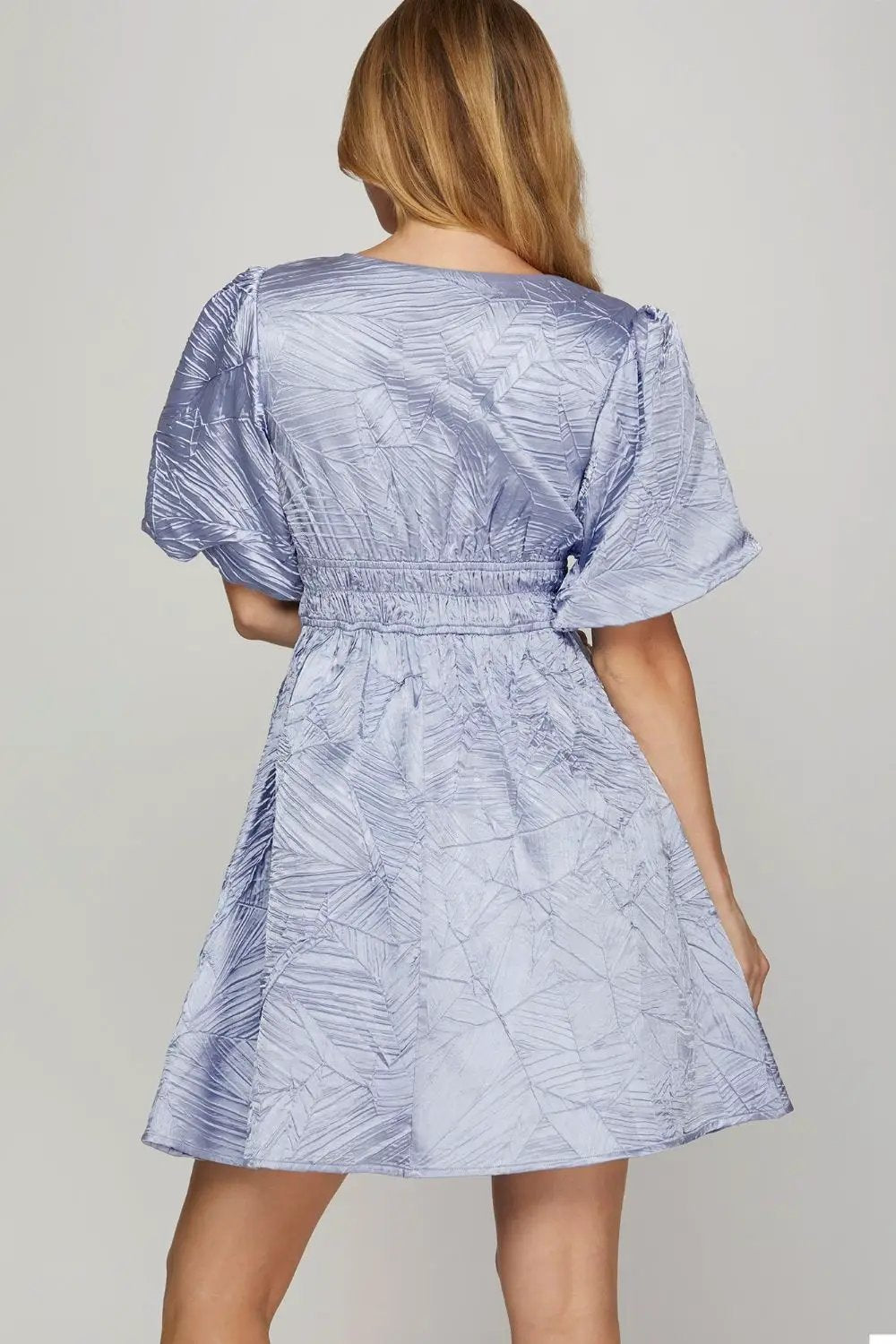 She + Sky Crinkle Woven V-Neck Balloon Sleeve Mini Dress