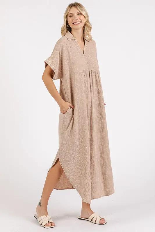 Mittoshop Mineral Wash V Neck Button Up Midi Shirt Dress