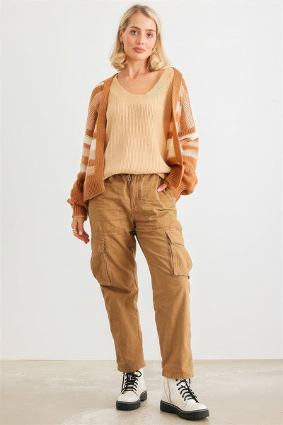 Camel Striped Crochet Knit Two Pocket Open Front Cardigan - AMIClubwear