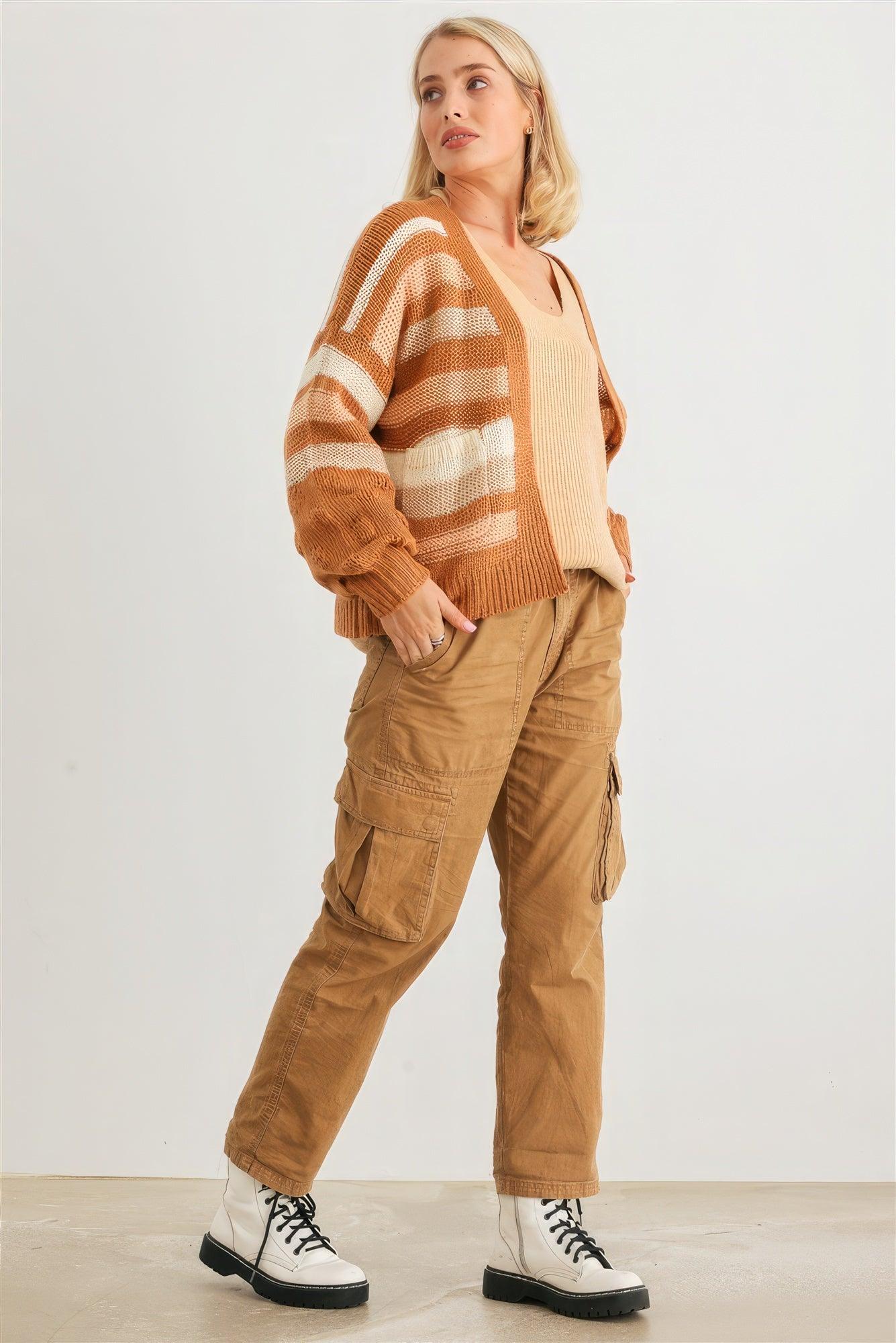 Camel Striped Crochet Knit Two Pocket Open Front Cardigan - AMIClubwear