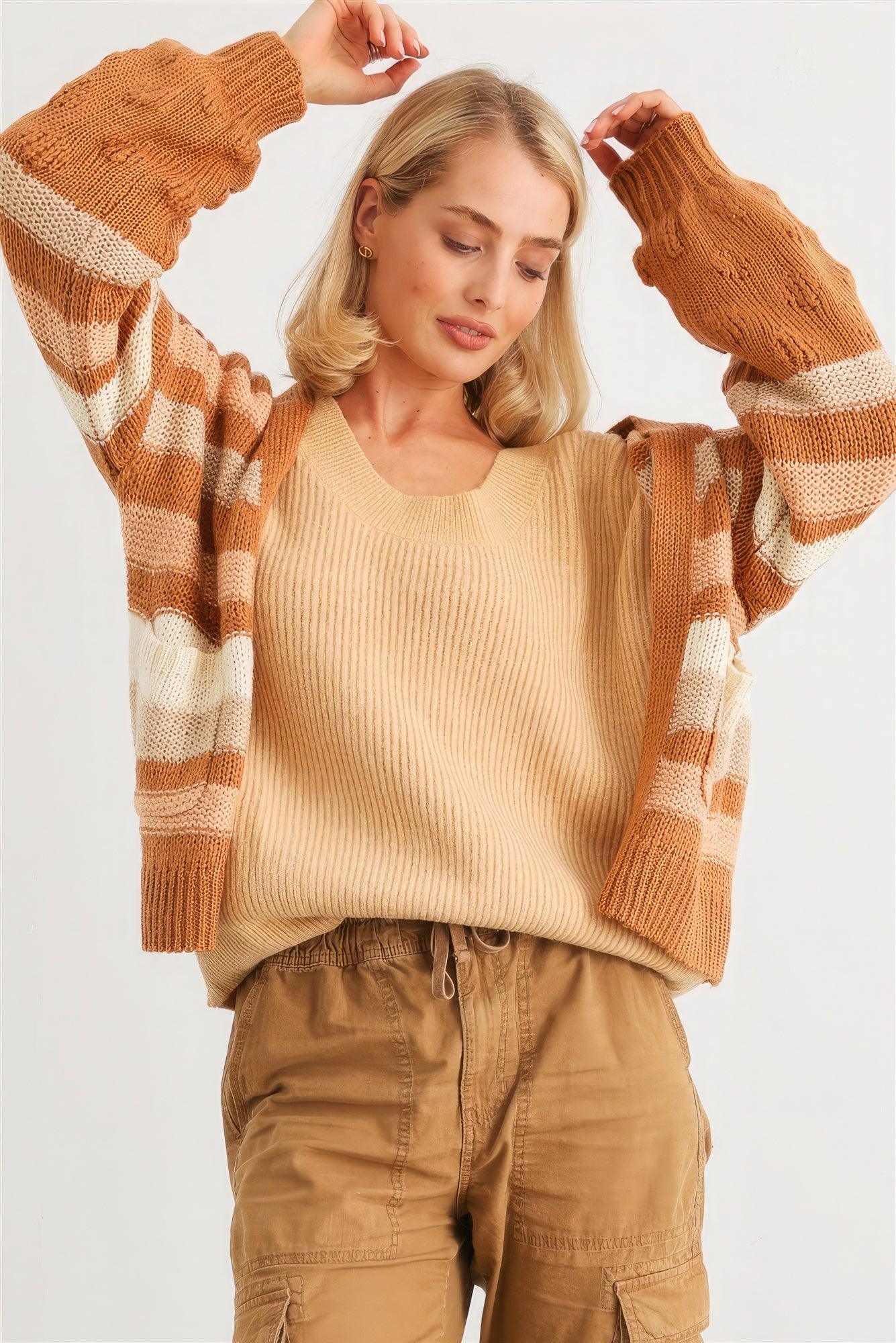 Camel Striped Crochet Knit Two Pocket Open Front Cardigan - AMIClubwear