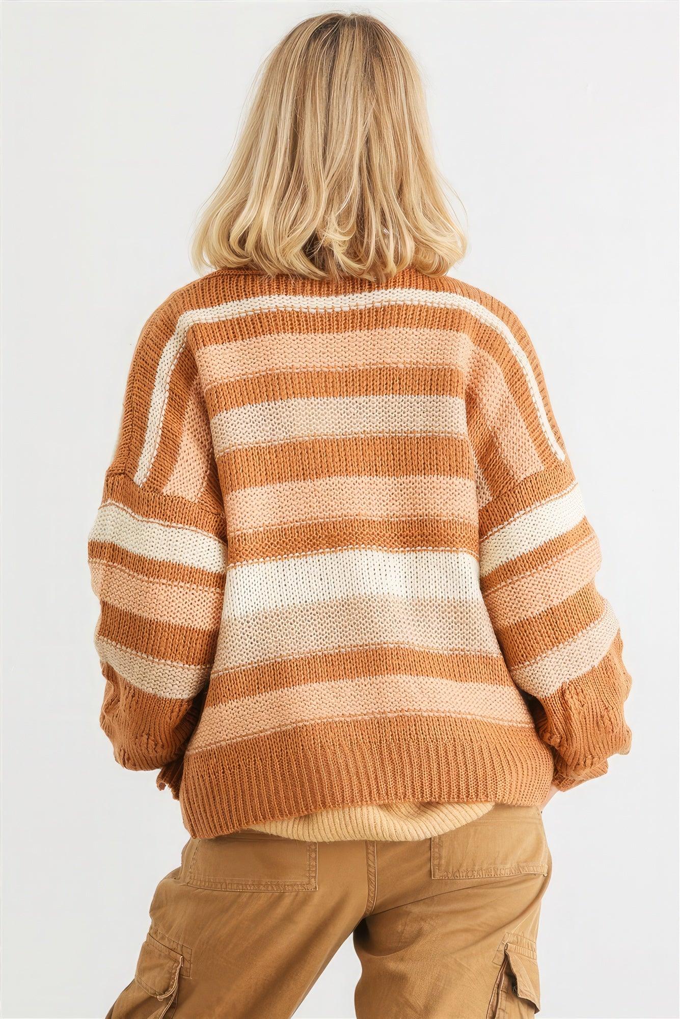 Camel Striped Crochet Knit Two Pocket Open Front Cardigan - AMIClubwear