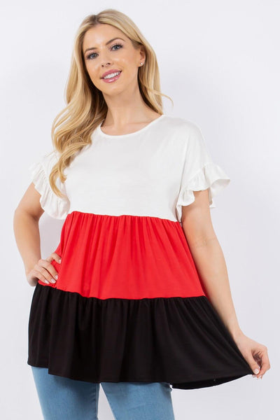 Celeste Full Size Color Block Ruffled Short Sleeve Top - AMIClubwear