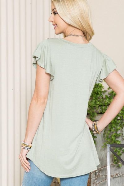 Celeste Full Size Contrast Round Neck Flounce Sleeve Top - AMIClubwear