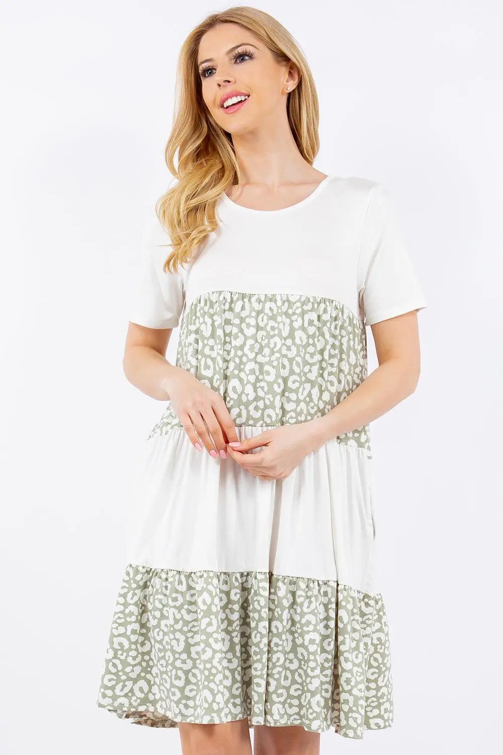 Celeste Full Size Leopard Round Neck Short Sleeve Dress