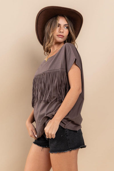 Ces Femme Fringe Detail Round Neck Short Sleeve Top - AMIClubwear