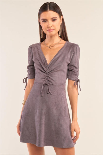 Charcoal Grey Suede Deep Plunge V-neck Gathered Detail Tight Fit Mini Dress - AMIClubwear
