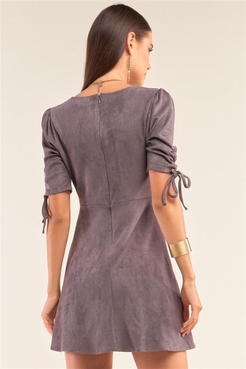 Charcoal Grey Suede Deep Plunge V-neck Gathered Detail Tight Fit Mini AMIClubwear Charcoal Grey Suede Deep Plunge V-neck Gathered Detail Tight Fit Mini AMIClubwear