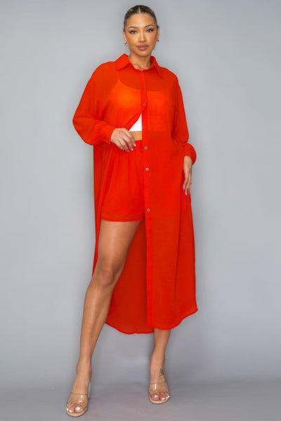Chiffon Button Down Long Sleeve Side Slit Long Top With Short Set - AMIClubwear
