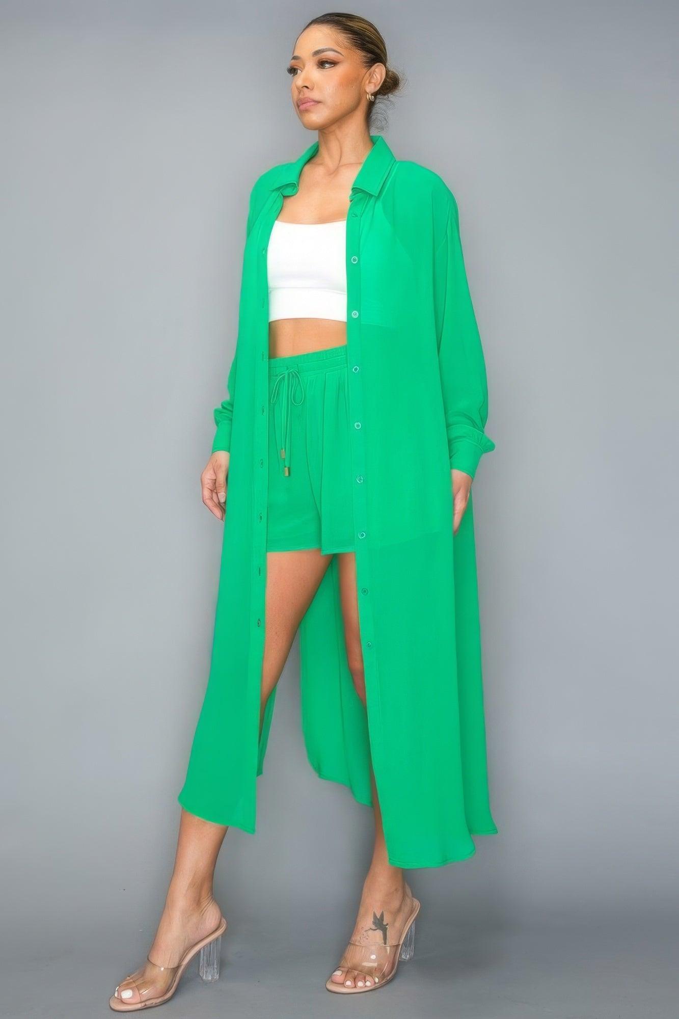 Chiffon Button Down Long Sleeve Side Slit Long Top With Short Set - AMIClubwear