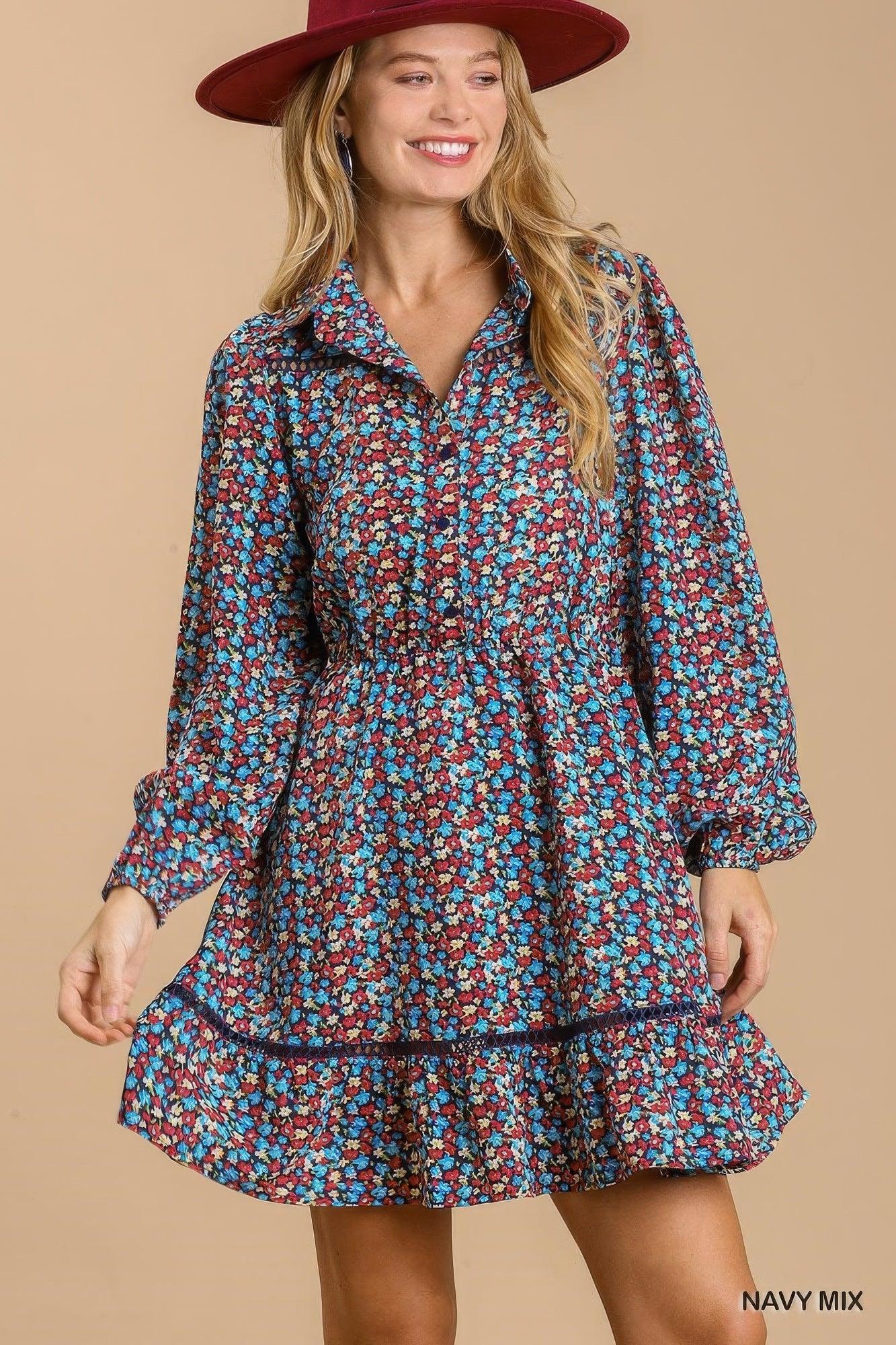 Collared neckline button down floral print dress with crochet trimmed details - AMIClubwear