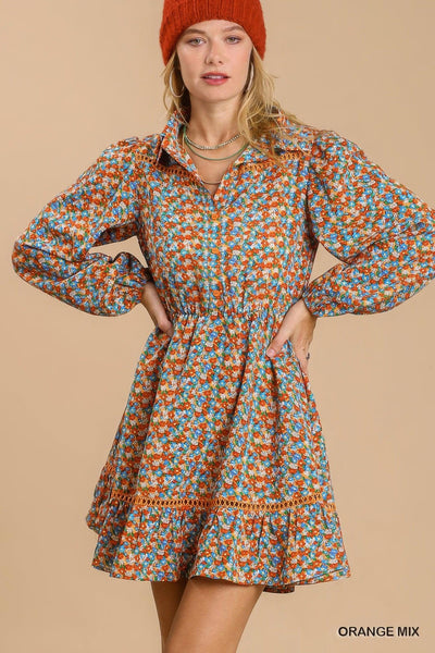 Collared neckline button down floral print dress with crochet trimmed details - AMIClubwear