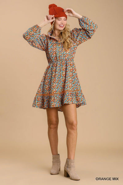 Collared neckline button down floral print dress with crochet trimmed details - AMIClubwear