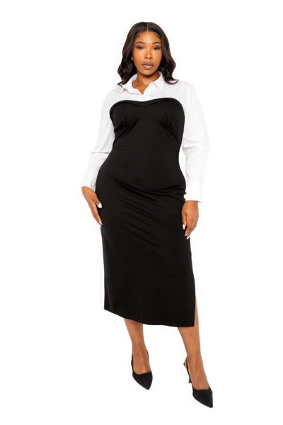 Collared Shirt Bodycon Midi Dress With Side Slit - AMIClubwear