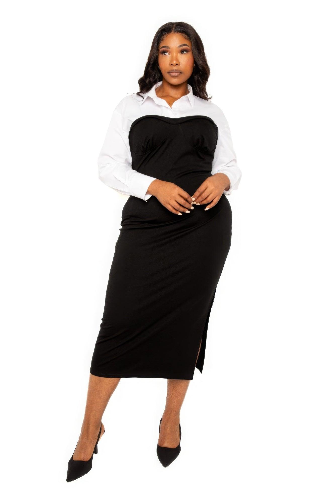 Collared Shirt Bodycon Midi Dress With Side Slit - AMIClubwear