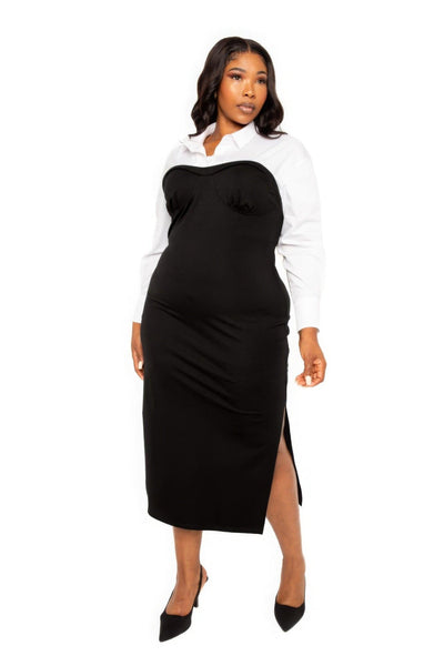 Collared Shirt Bodycon Midi Dress With Side Slit - AMIClubwear