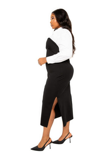 Collared Shirt Bodycon Midi Dress With Side Slit - AMIClubwear