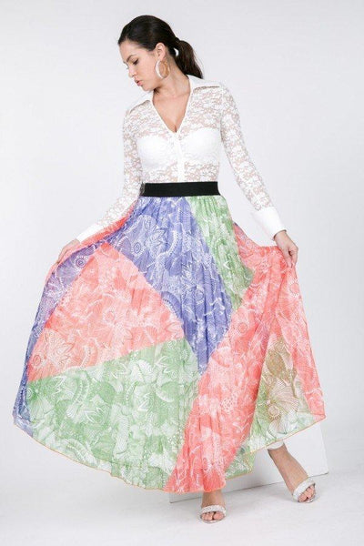 Color Block Pleated Maxi Skirt - AMIClubwear