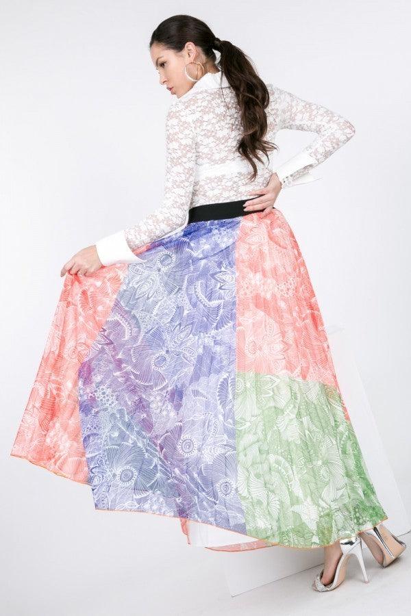 Color Block Pleated Maxi Skirt - AMIClubwear