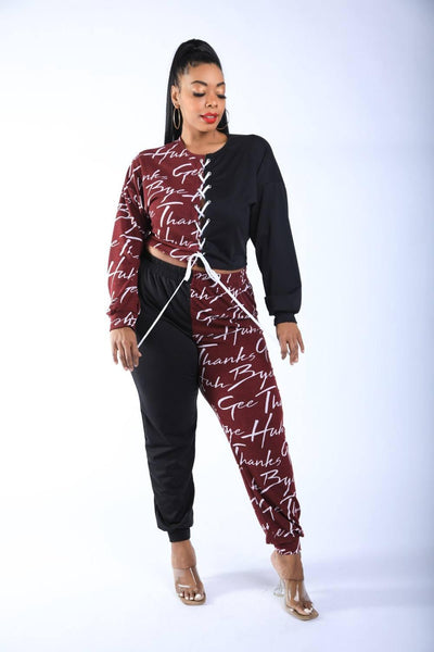 Color Blocked Lace Up Front Jogger Set - AMIClubwear