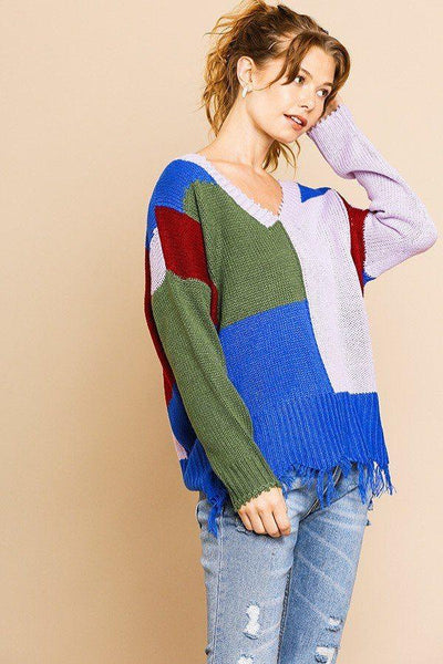 Color Blocked Long Sleeve V-neck Knit Pullover Sweater - AMIClubwear
