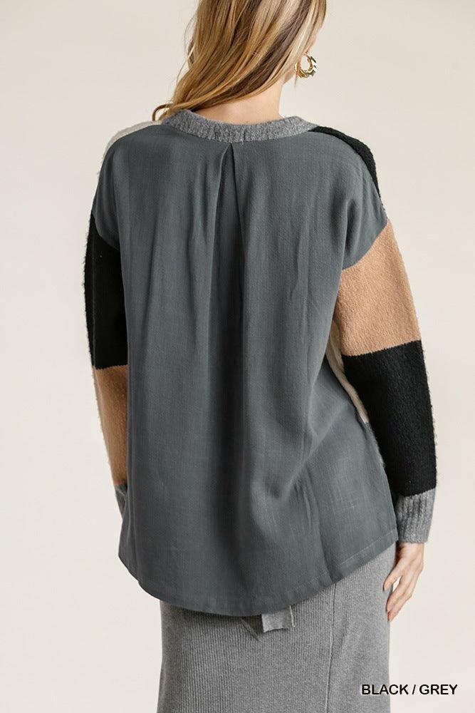 Colorblock Contrasted Cotton Fabric On Back Top With Side Slits And High Low Hem - AMIClubwear