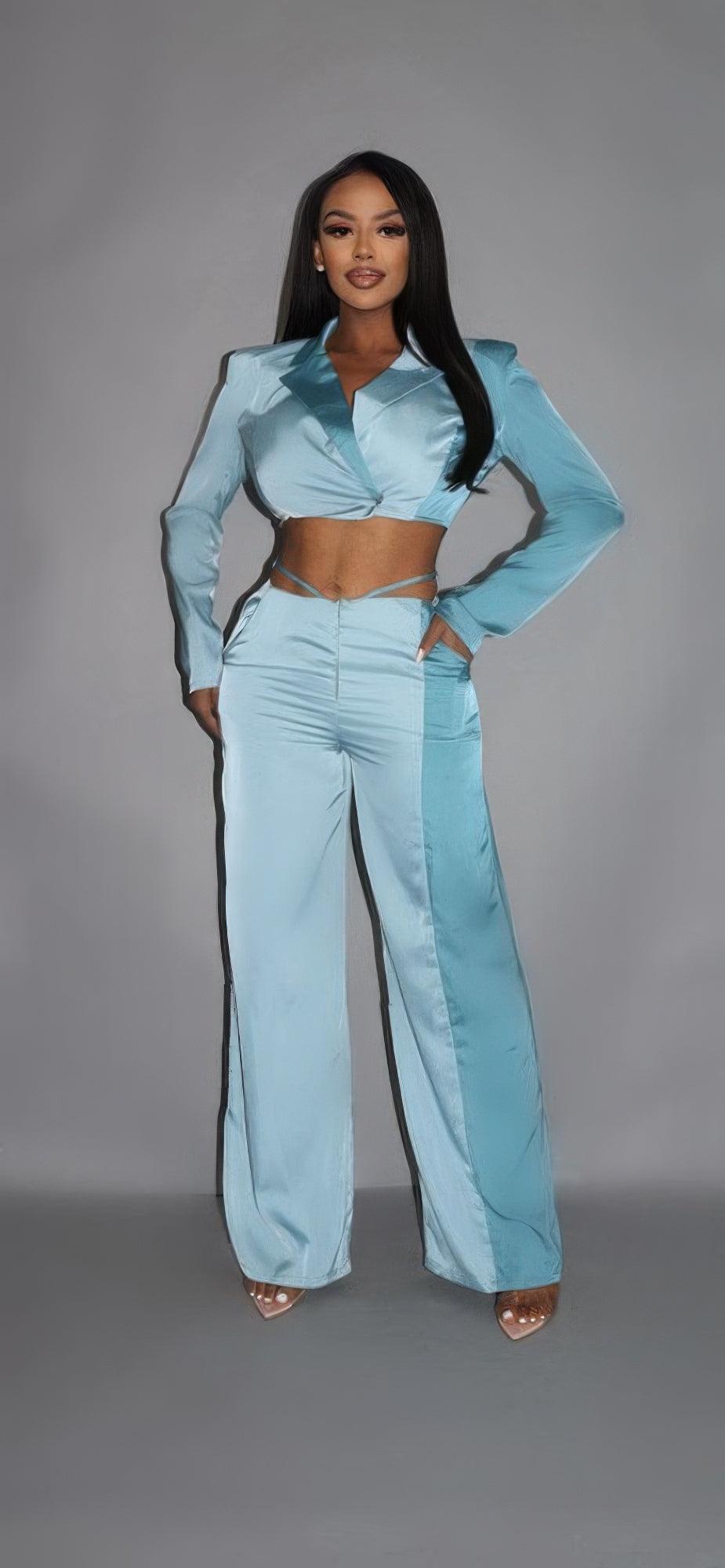 Colorblock Crop Blazer With Matching Low Rise Wide Leg Pant Set With Pockets - AMIClubwear